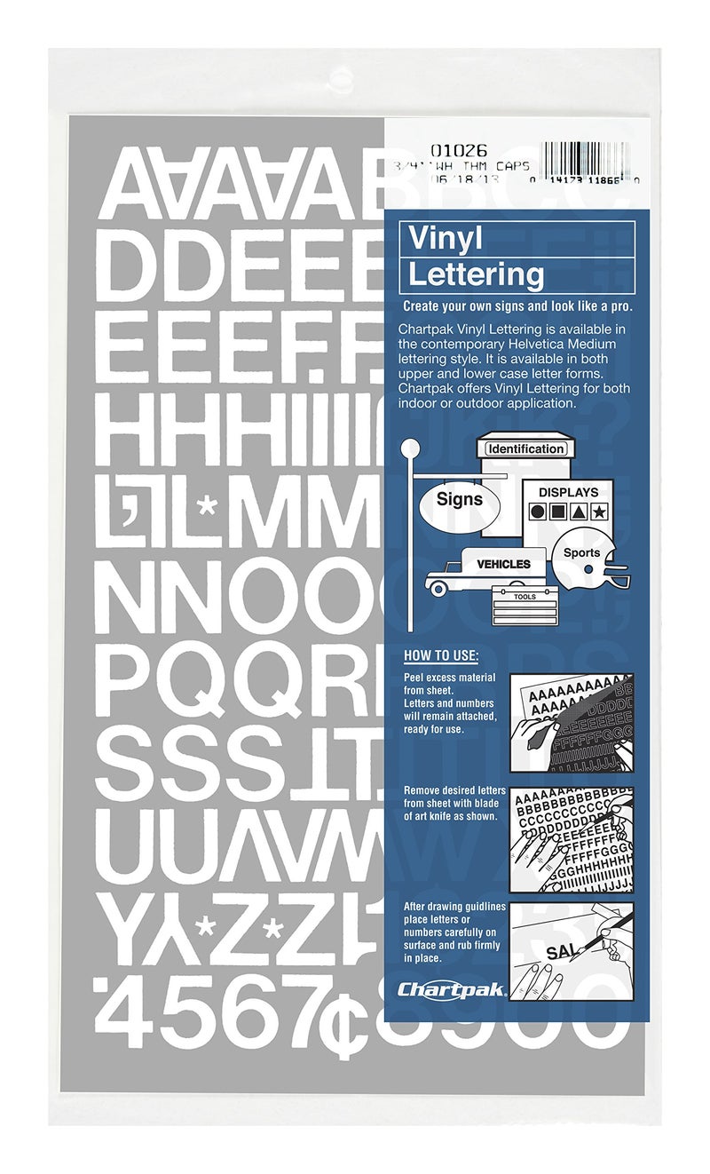 Chartpak Self-Adhesive Vinyl Capital Letters and Numbers, 3/4 Inches High, White, 94 per Pack (01026) - Image 1